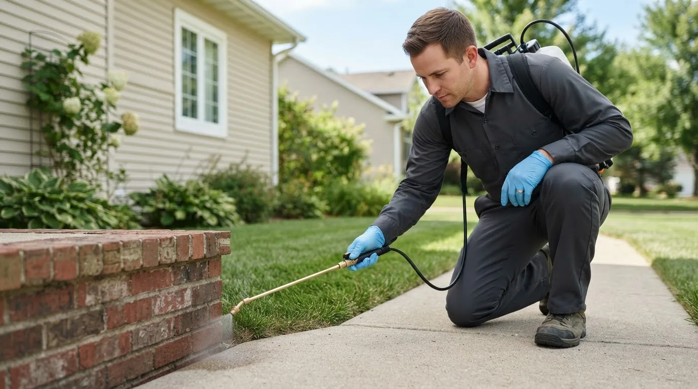 Pest control technician treating a home near Sherwood, OR